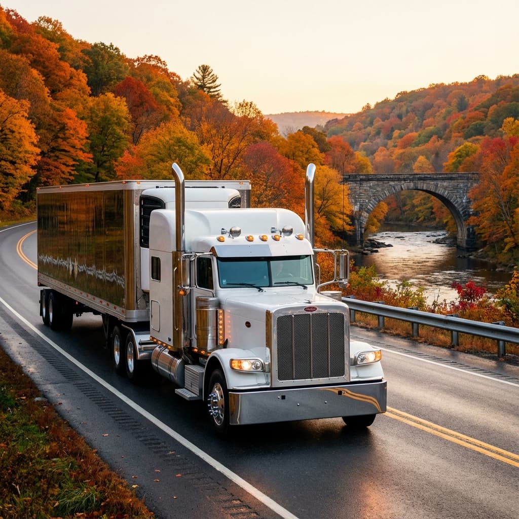 Classic American truck on Connecticut highway in autumn
