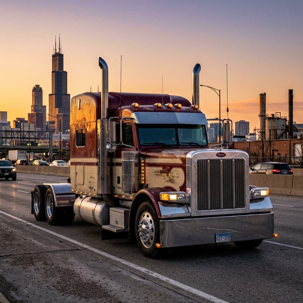 Classic American truck on highway with Chicago skyline in distance