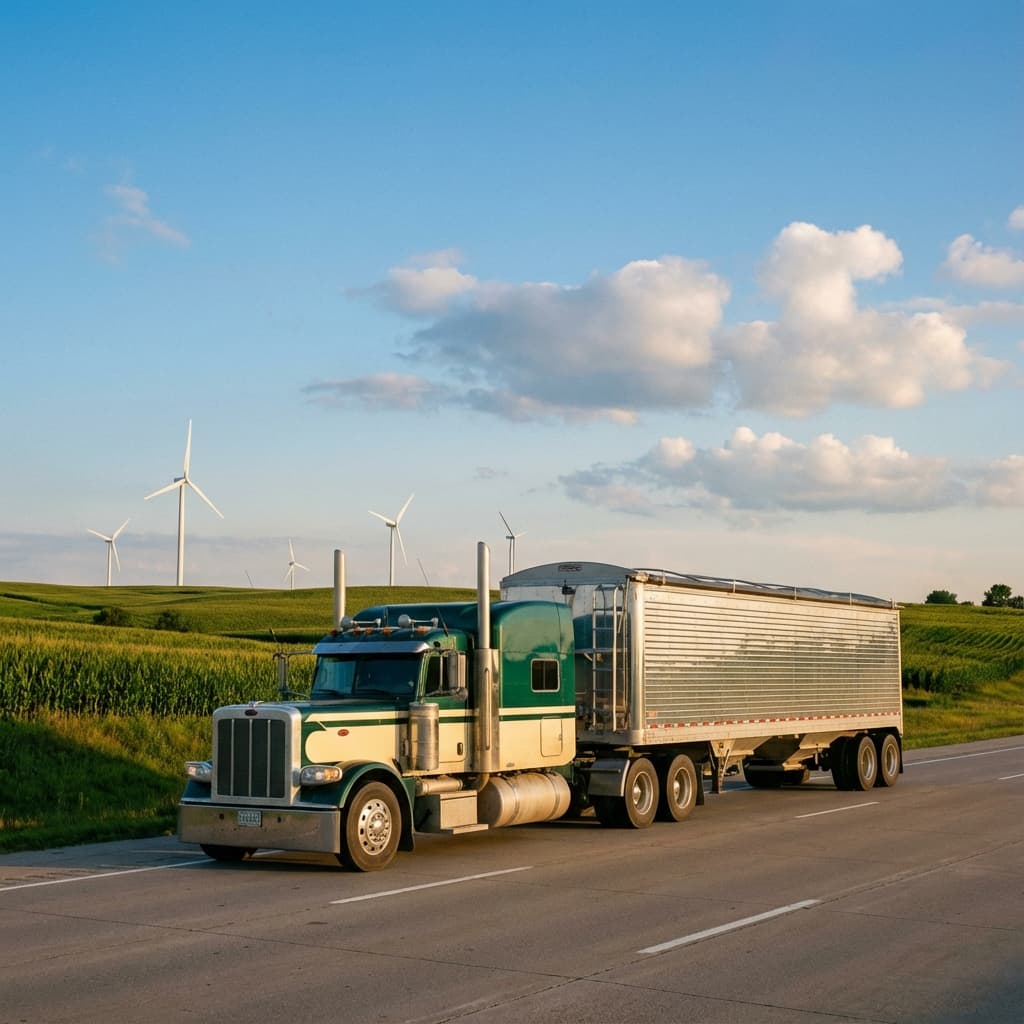 Classic American truck hauling grain on Iowa highway with wind turbines