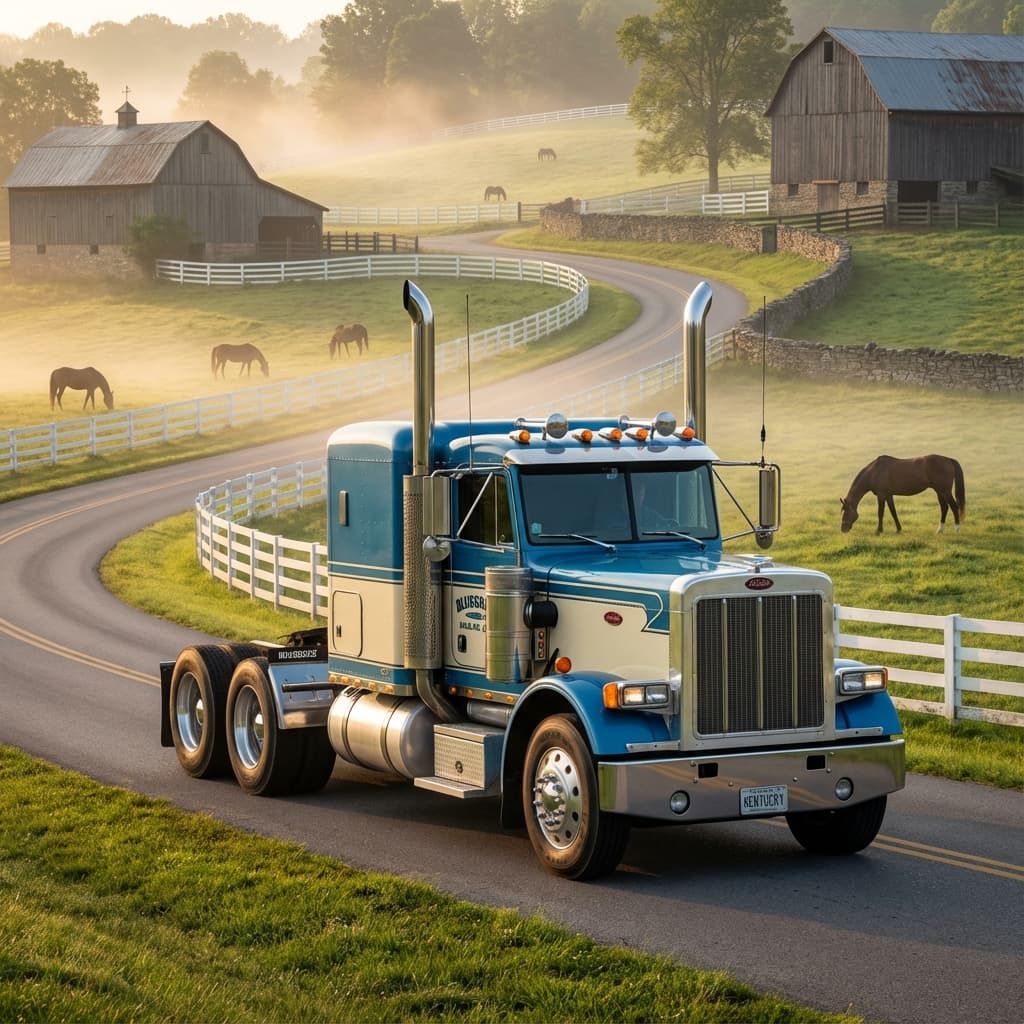 Classic American truck on scenic Kentucky highway with horse farms
