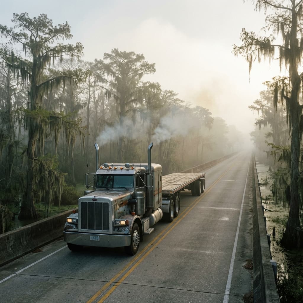 Classic American truck driving on the Atchafalaya Basin Bridge in Louisiana swamp