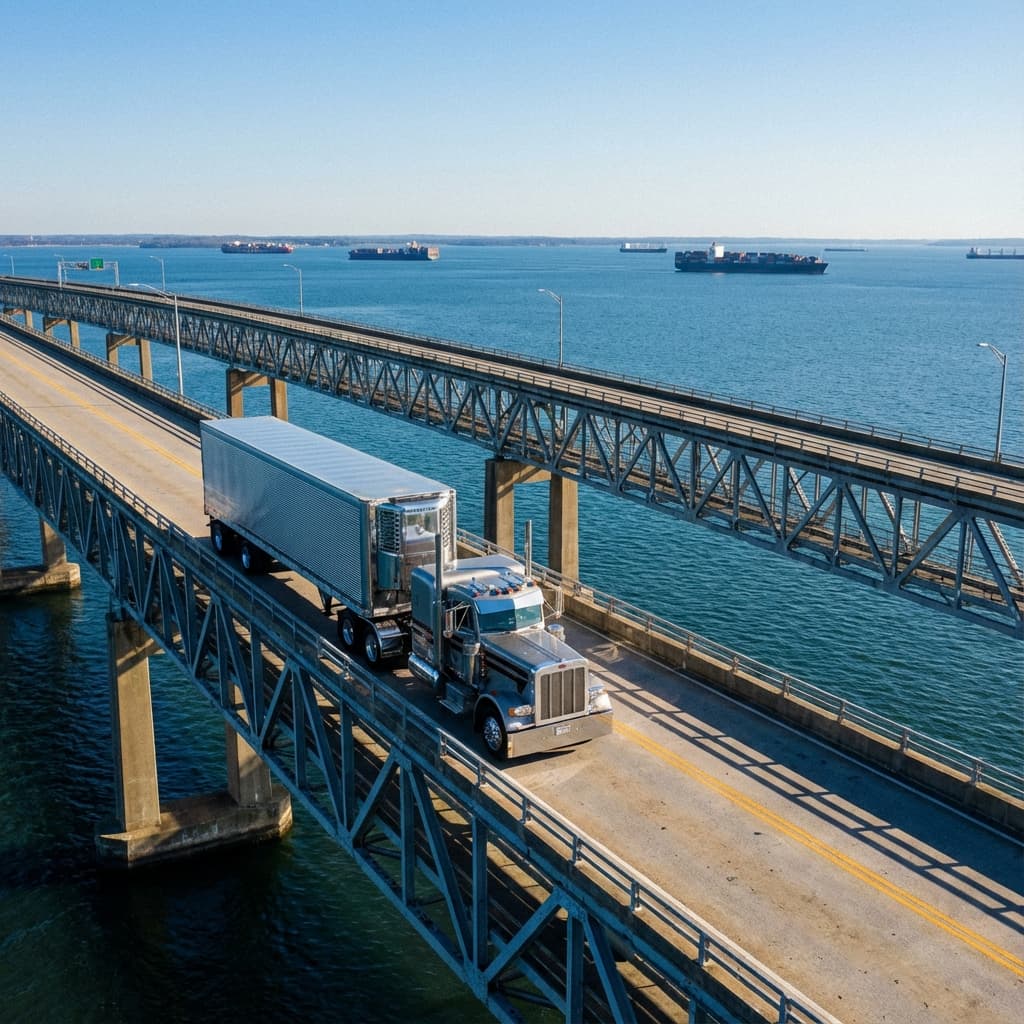Classic American 18-wheeler crossing the Chesapeake Bay Bridge in Maryland