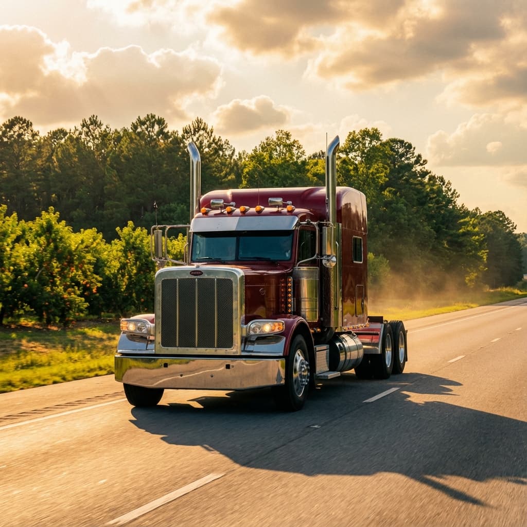 Classic American truck on Georgia highway with pines and peaches
