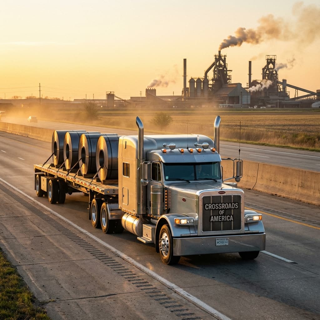 Classic American truck hauling steel on Indiana highway