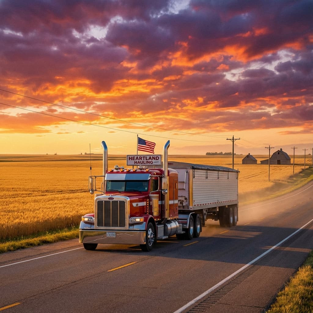 Classic American truck hauling grain on Kansas highway