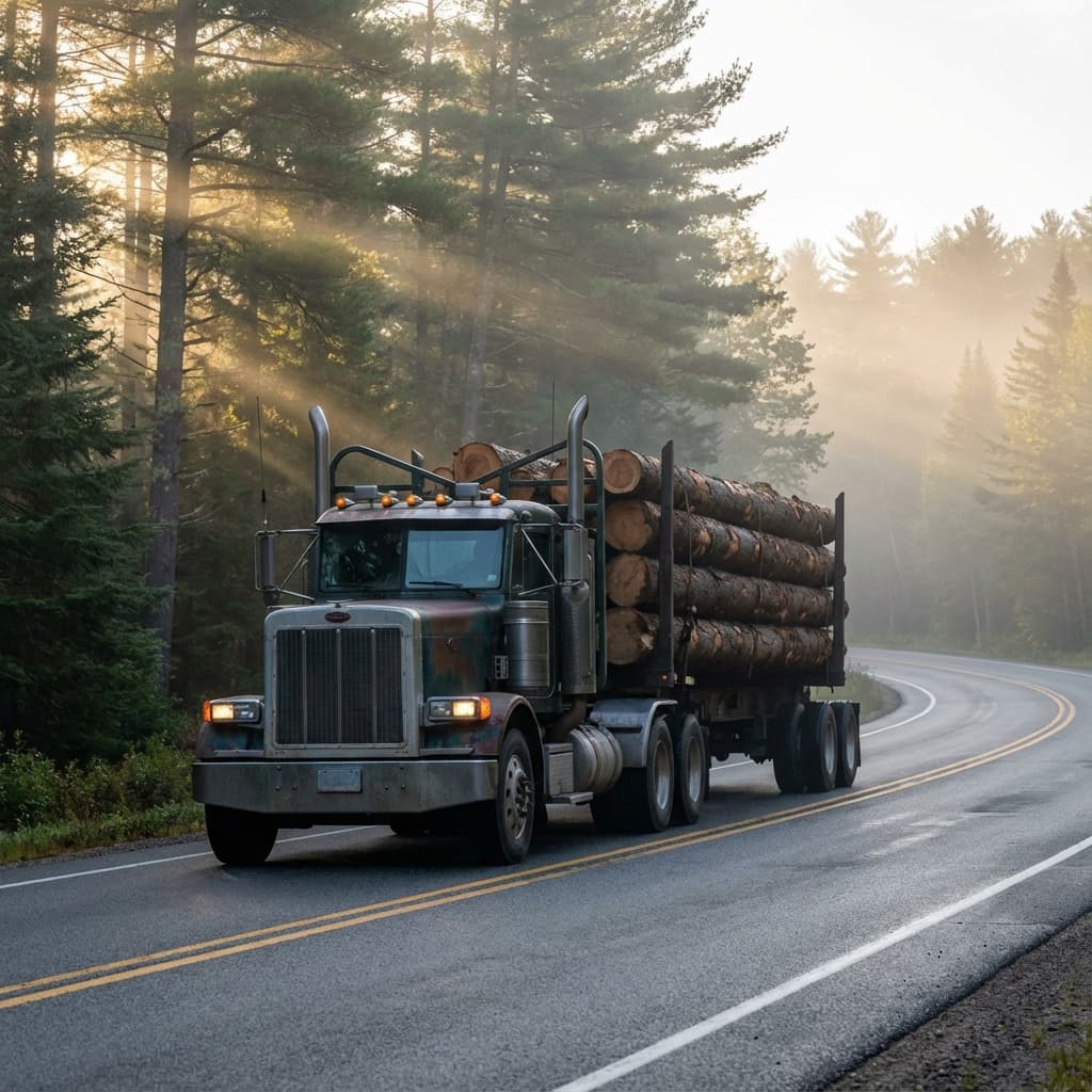 Classic logging truck hauling timber in Maine North Woods